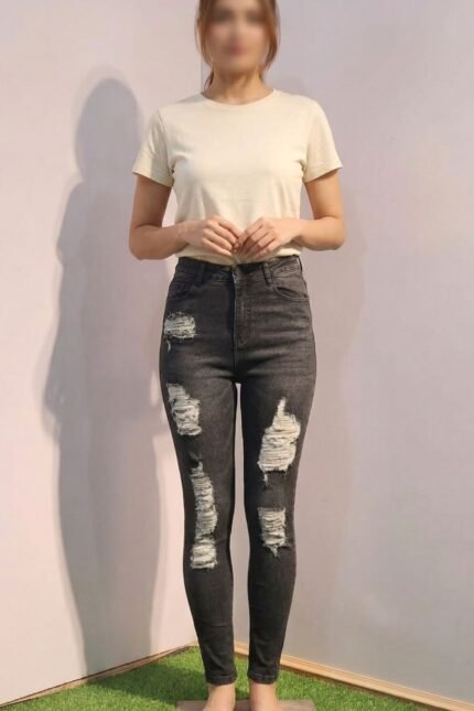 High-Waist Distressed Skinny Jeans for Women – Black Ripped Stretch Denim