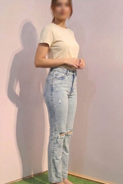 Light Blue Ripped Knee Straight Leg Denim Pants