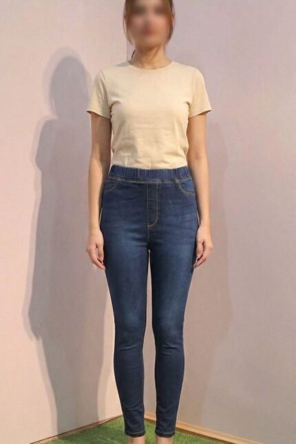 Dark Blue Elastic Waist Skinny Denim Pants