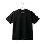 Plain black short-sleeve crew neck t-shirt hanging on a wire hanger against a white background.