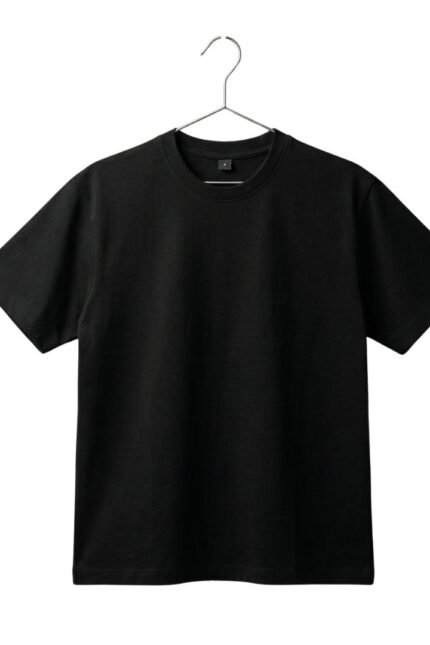 Plain black short-sleeve crew neck t-shirt hanging on a wire hanger against a white background.