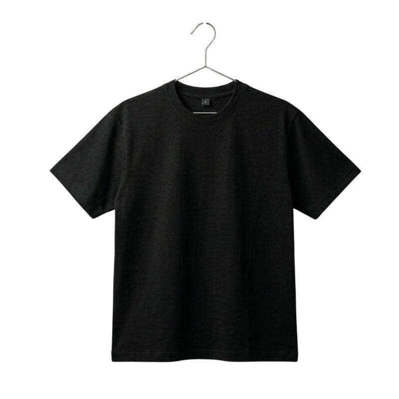 Plain black short-sleeve crew neck t-shirt hanging on a wire hanger against a white background.