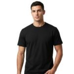 Plain black short-sleeve crew neck t-shirt hanging on a wire hanger against a white background.