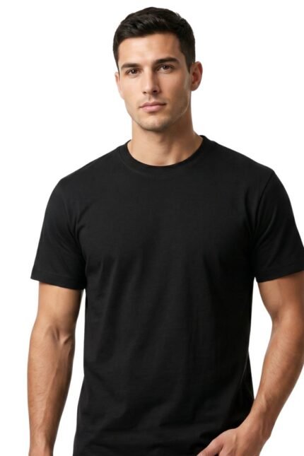 Plain black short-sleeve crew neck t-shirt hanging on a wire hanger against a white background.
