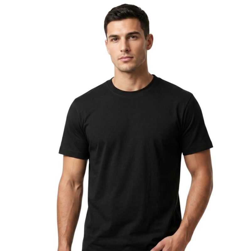 Plain black short-sleeve crew neck t-shirt hanging on a wire hanger against a white background.